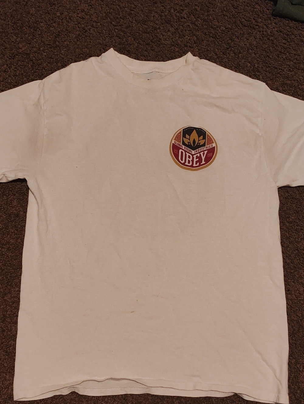 Obey White Short-Sleeve Tee with Round Red & Gold Chest Emblem